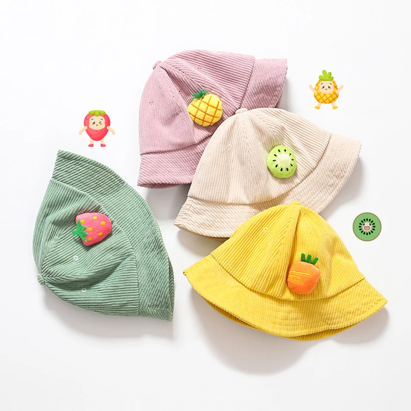 

3D Fruit Baby Basin Cap Autumn Corduroy Fisherman Hat Cartoon Doll Bucket Hats Children Drawstring Sunshade Visors 2-5Year Kids
