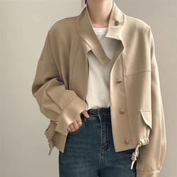 Women Short Jacket 2025 New Spring Autumn High-end locomotive Jacket Casual Windbreaker Standing Collar Drawstring Trench Coat
