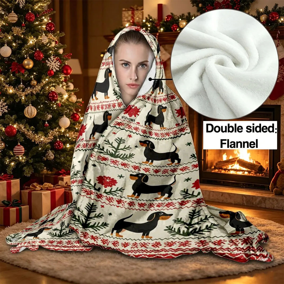 Christmas Fair Isle Style Black Brown Dachshund Pinecone Snowflake Full Print Theme Flannel Hooded Blanket Wearable Blanket