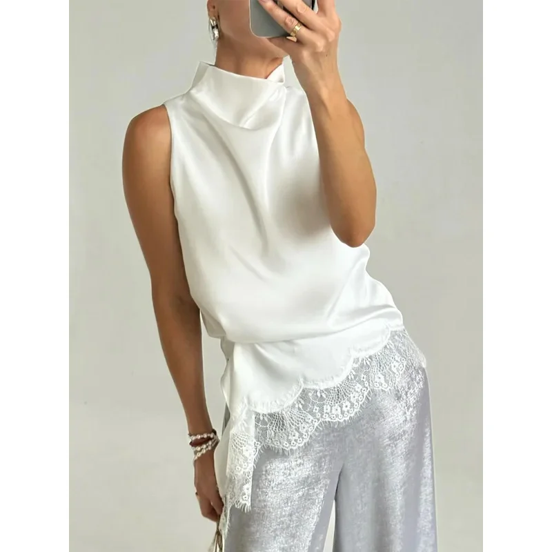 BKQU Lace Trim Satin Tank Tops Women Irregular Split Sleeveless High Neck Zip Elegant Vest 2026 Summer Party Club Female Tops