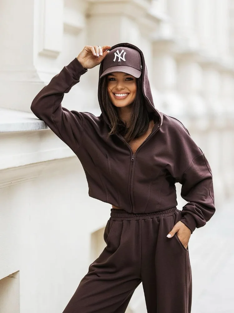 

Women Casual Solid Hooded Jacket Fashion Zipper Long Sleeve Loose Short Jackets 2025 New Autumn Chic Lady Daily Commute Wear