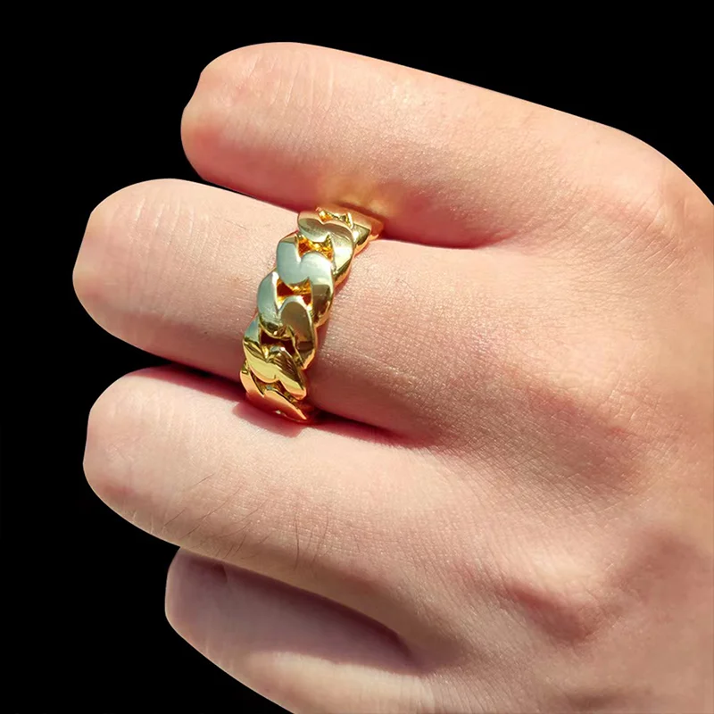 Cross-border European and American hiphop 7mm glossy Cuban chain ring Real gold plated street personality hiphop men's ring