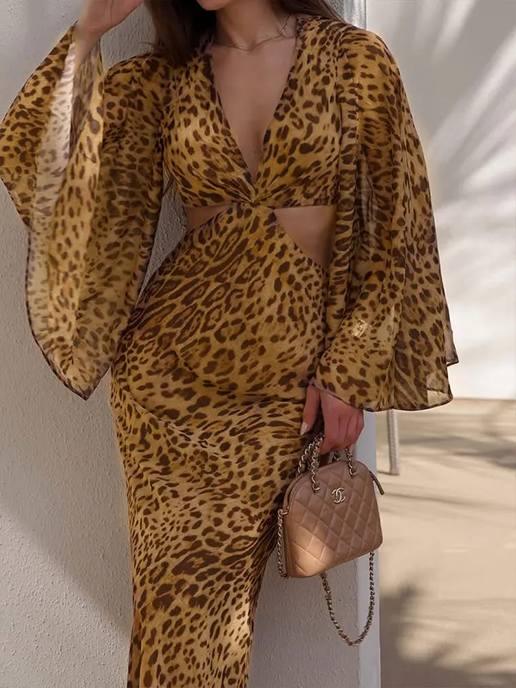 Nuevos vestidos de mujer moda de otoño estampado de leopardo Casual ajustado vestido de manga larga Sexy ahuecado sin espalda vestidos con cuello en V ropa