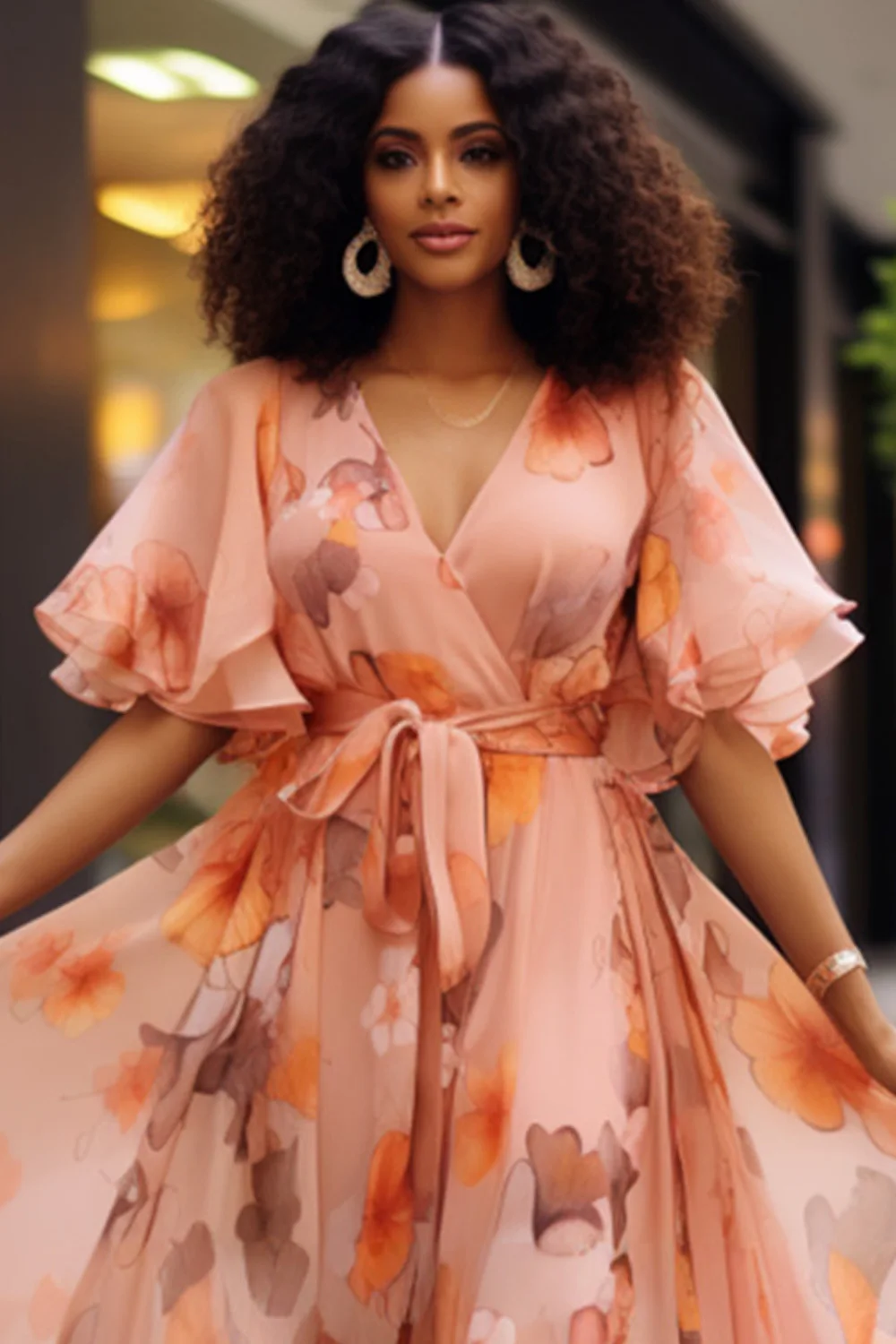 بالإضافة إلى حجم عطلة أنيقة الخوخ الأزهار التفاف الرقبة قصيرة الأكمام فساتين ماكسي الشيفون #3