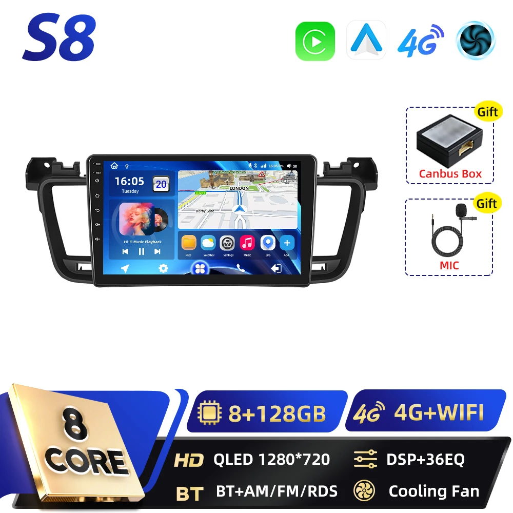 Podofo Qualcomm 8-core 2-DIN Android autoradio voor Peugeot 508 2012-2016 met BT, Carplay, FM, Android Auto, WIFI, GPS, RDS en DSP
