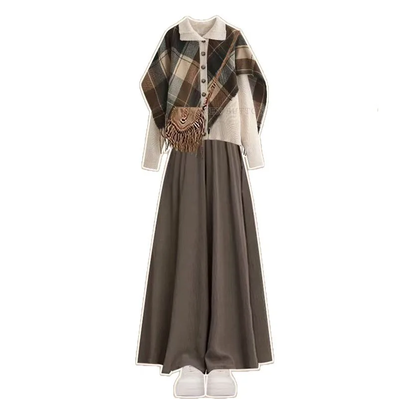 Gefälschtes zweiteiliges Set für Damen, dicke mm-Strickpullover-Strickjacke für Damen, schlankmachende Freizeithose mit weitem Bein und hoher Taille, zweiteiliges Set