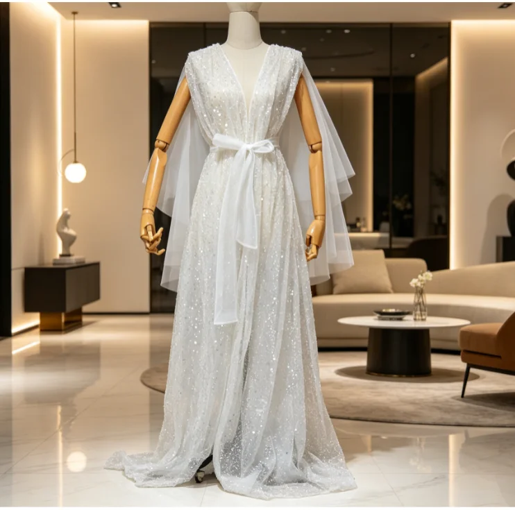 Black white Sequin Evening Gown for Women Deep V Neck Tulle Cape Long Formal Dress Prom Party Dress color