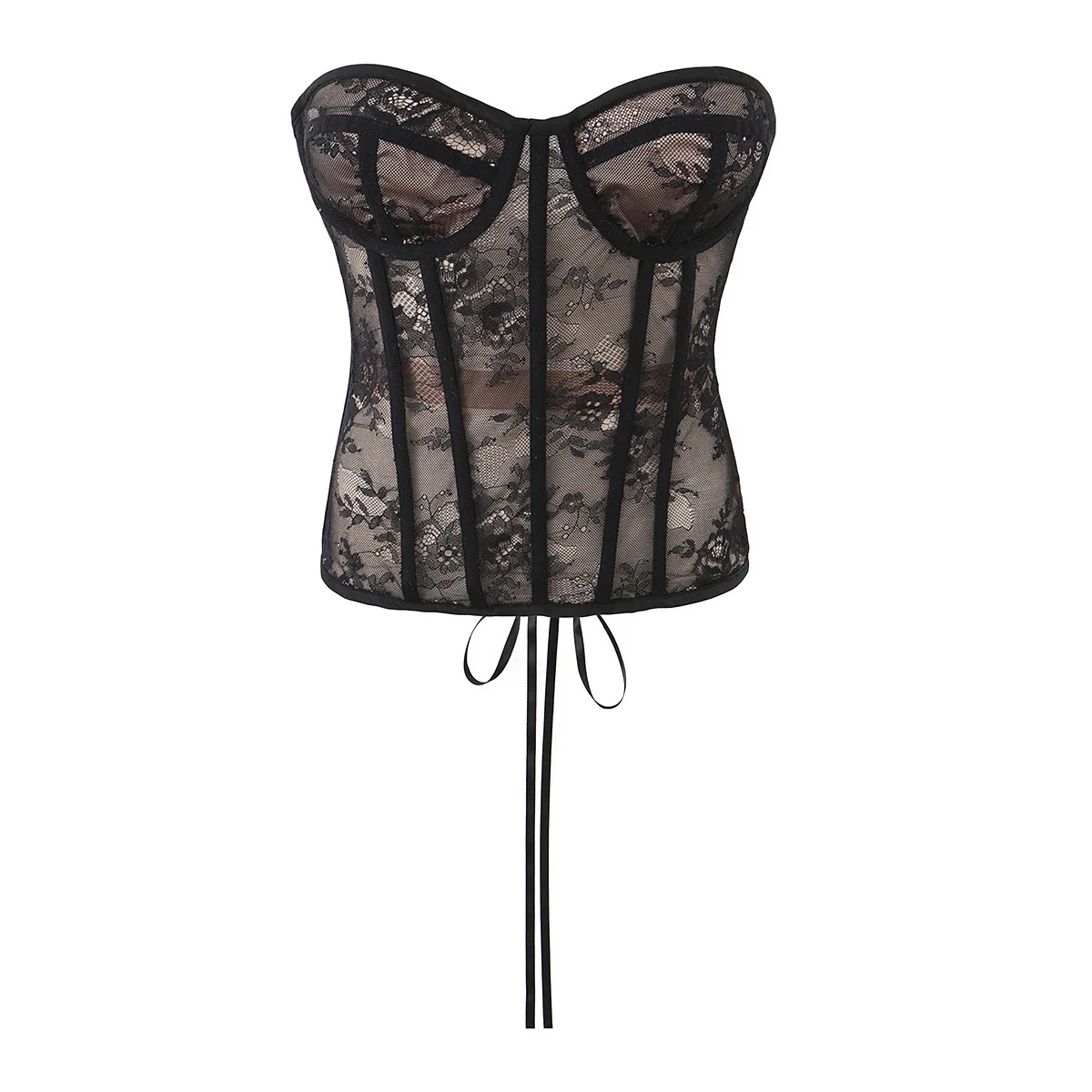 

Withered Lace Patchwork Sexy Waist Cinching Tight Fishbone Corset Top T-shirt Woman Clothes Female Clothing