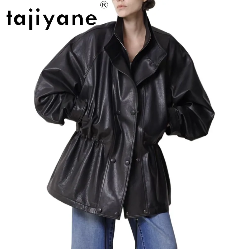 TAJIYANE Genuine Light Wax Vegetable-Tanned Sheepskin Leather Jacket Women Winter Short Trench Coat Drawstring Outerwear Косуха