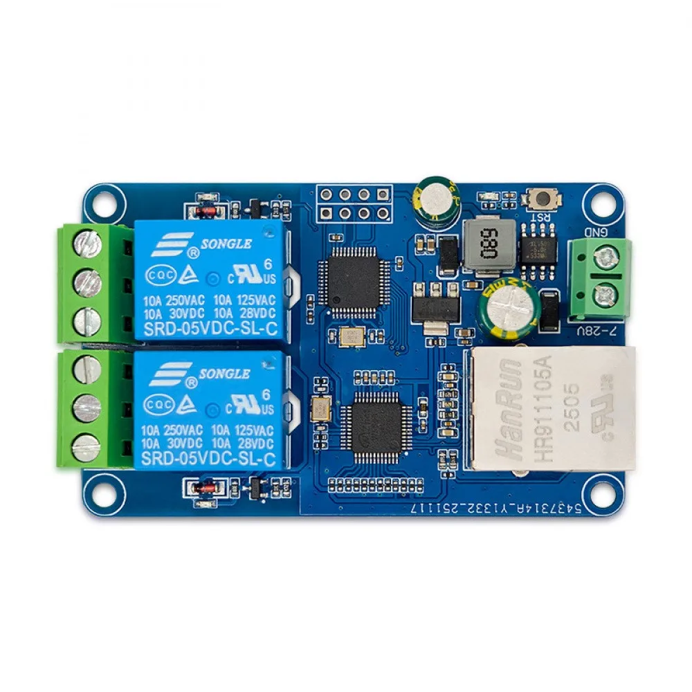 

Модуль реле Ethernet Modbus RTU с 2 каналами, сервер TCP W5500, управление по LAN, плата STM32, питание 7-36В с индикатором