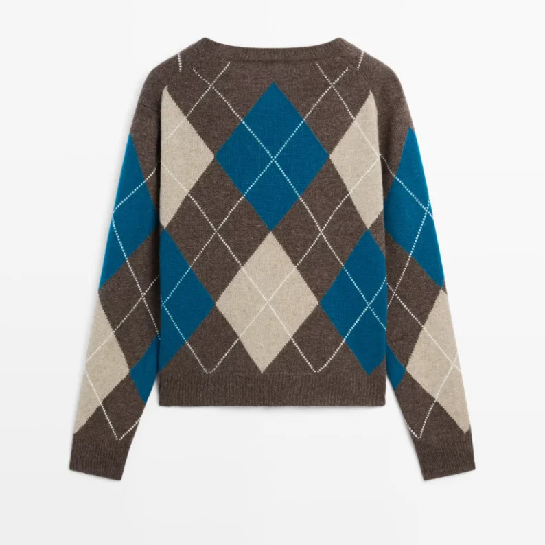 سترة محبوكة من American College Sle V-Ne بنمط ماسي ريترو للنساء قطعة واحدة لموسم خريف 2025 #5