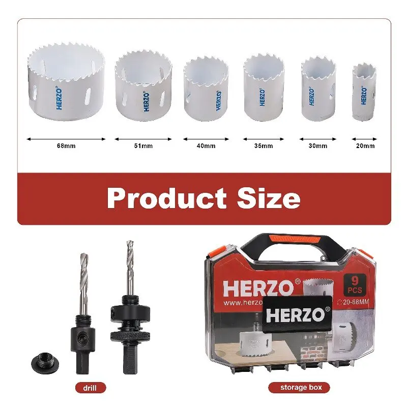 HERZO Hole Opener Kit 20-68mm Hole Saw Cutting Set Kit Tools Wood Metal Alloys Circular Round With Case