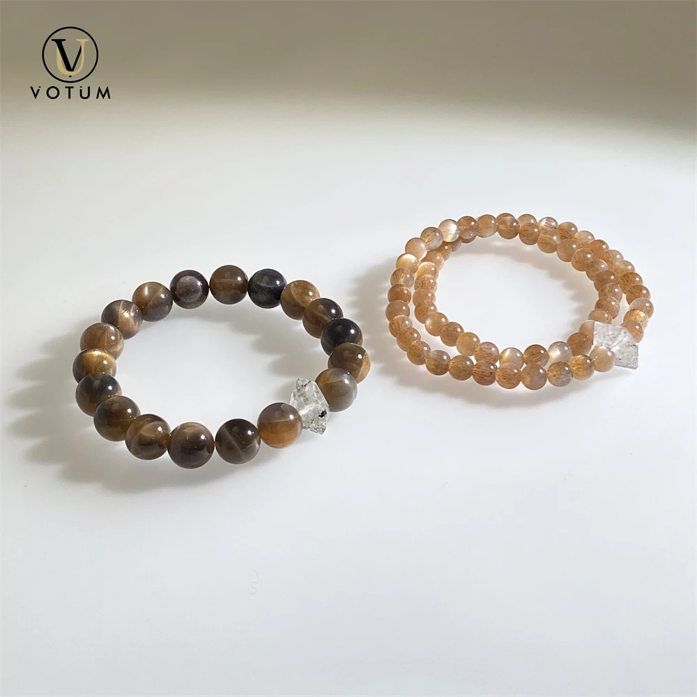 

Votum Natural Sunstone Bracelet for Couple Women Men Double Terminated Herkimer Crystal Quartz Wrist Bracelets Beaded Jewelry