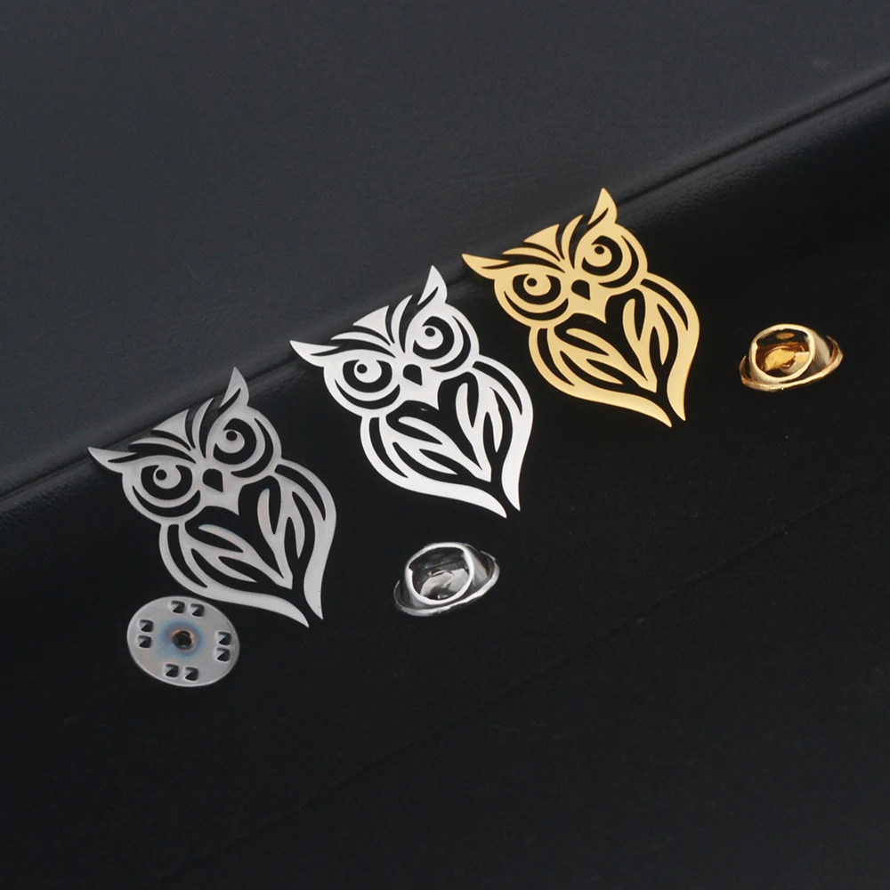 Men\'s Lapel Brooch Owl Shaped Fashion Brooch Stainless Steel Plated Color Wedding Dress Jewelry Birthday Gift for Boyfriend