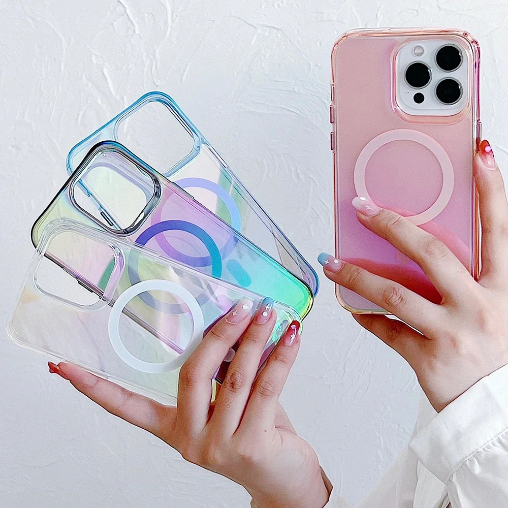 Laser Colorful Rainbow Transparent for Magsafe Case for iPhone 15 14 13 12 Pro Max 14 15 Plus aurora Magnetic Charging Cover