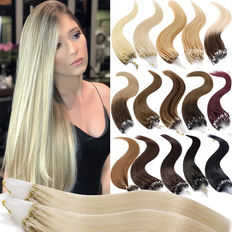 مايكرو حلقة حلقة وصلات شعر 100% شعر بشري لحمة مستقيمة مع حلقات سيليكون لارتداء خالي من الضرر متوفر في 1B/4/613/27 #1