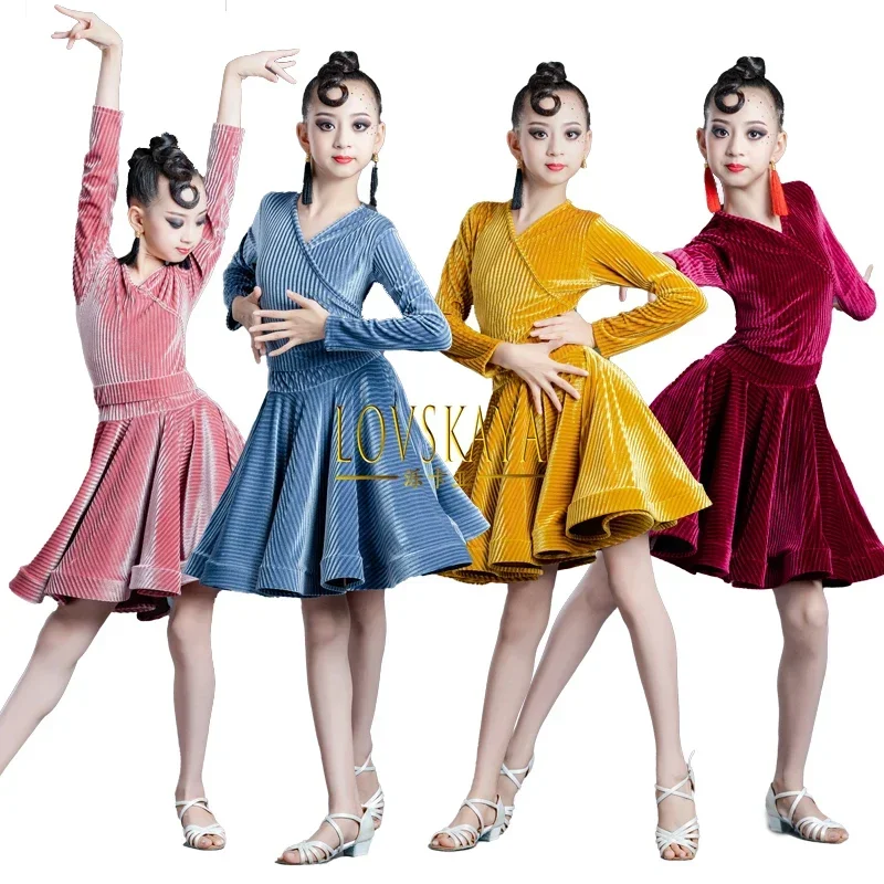 

New Training Clothes Autumn and Winter Long sleeved Latin Dance Skirt Competition Clothing for Girls Latin Dance Clothing