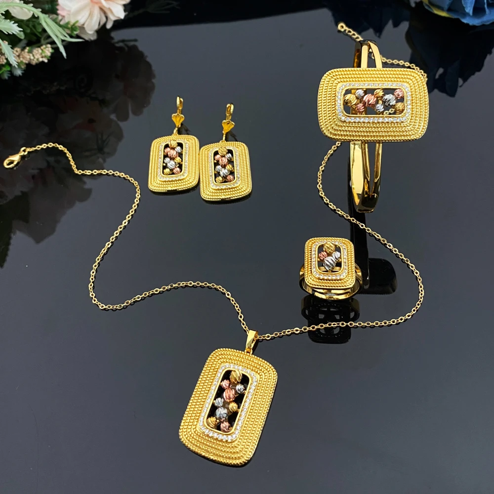 Flora Stylish Copper Plated Hollow Design Jewelry Set - Necklace Earring Ring Gift for Women Xmas Birthday Wedding Party Gifts