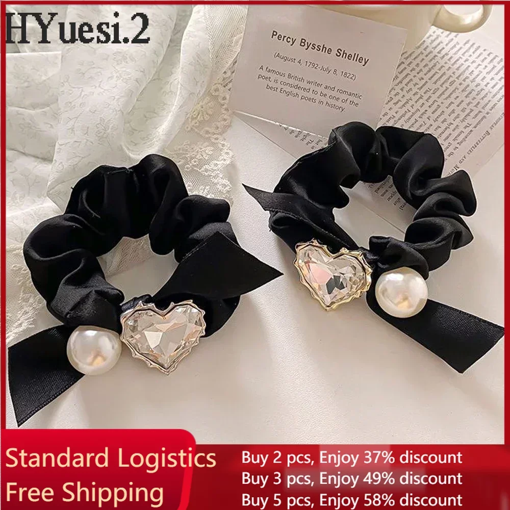 Luxury Zircon Heart Hair Ties Ropes High Elastic Big Pearl Ponytail Holder Scrunchies With Bowknot For Women Girls