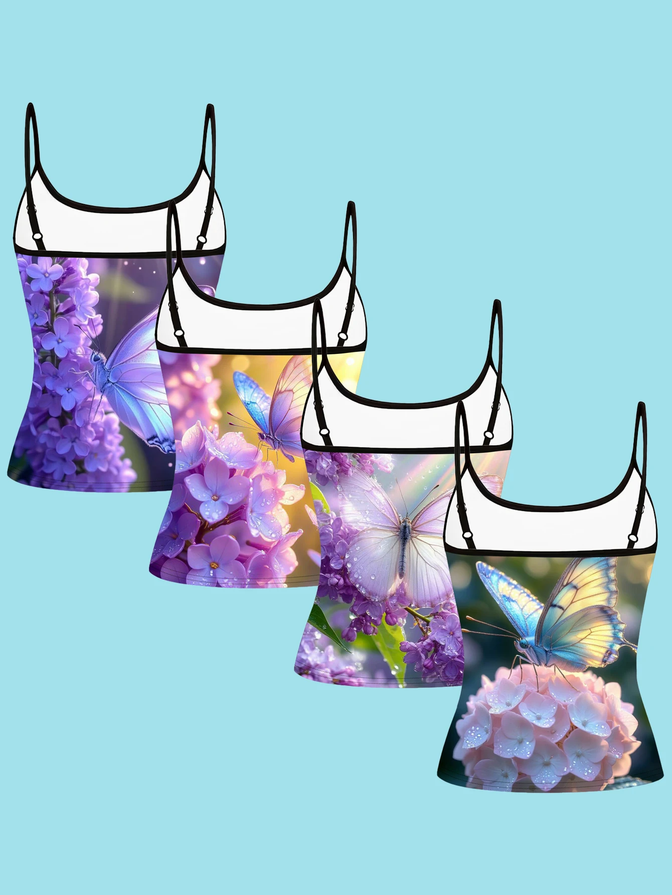 4-Piece Set of Women's Purple Hydrangea Butterfly Print Spaghetti Strap Camisole Slim Fit Inner Layering Top