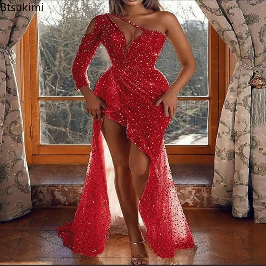 2025 Women\'s Sexy High Side Split One Shoulder Party Prom Gown Luxury Sequined Shiny Evening Dresses Elegant Floor Length Dress