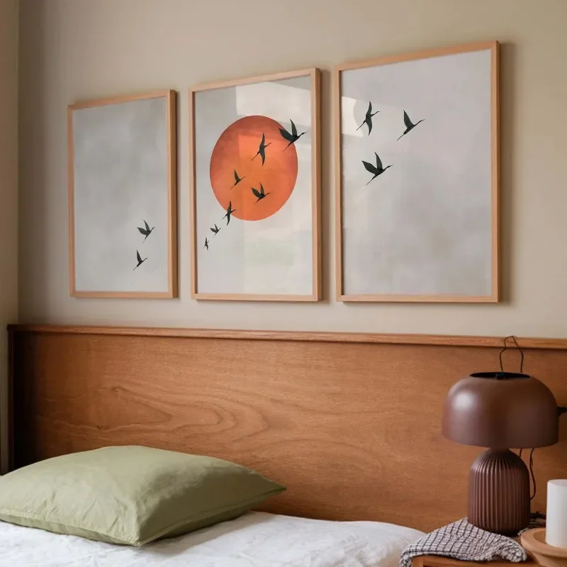 Orange Moon Flying Birds Wall Art, Set of 3 Prints, Bright Japandi Wall Art, Sky Art, Living Room Decor, Vibrant Bedroom Decor