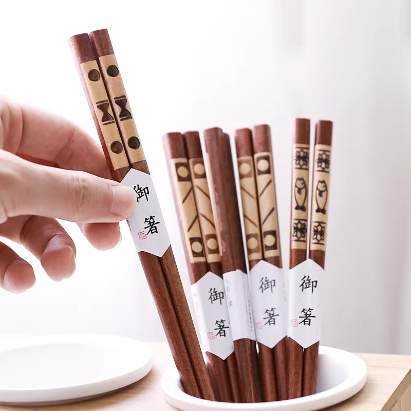 

10Pairs Solid Wood Branding Chopsticks Pointed Sushi Chopsticks Stick Wood Craft Cartoon Adult Wooden flower wooden Tableware