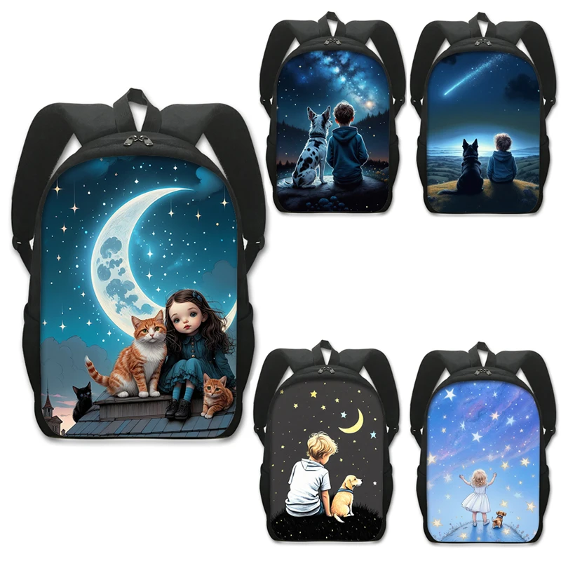 Watching The Starry Sky with Pets Design Print Backpack Young Women Men Rucksack School Bags for Teenager Casual Daypack Bookbag