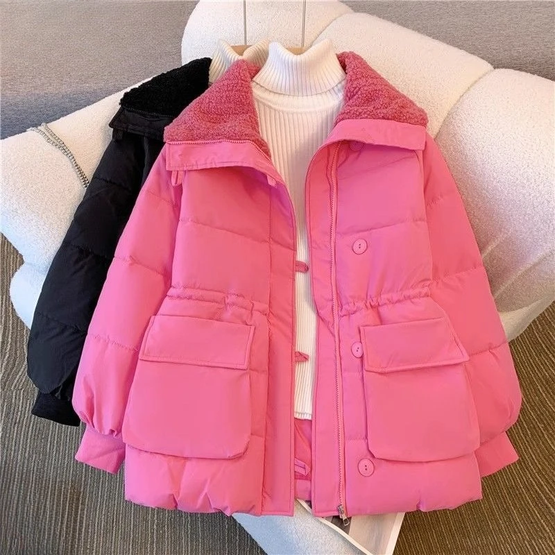 2025 New Women's Lamb Fur Leather One Piece Outerwear Winter Thickened Parka with Drawstring Waist Fashionable Trendy