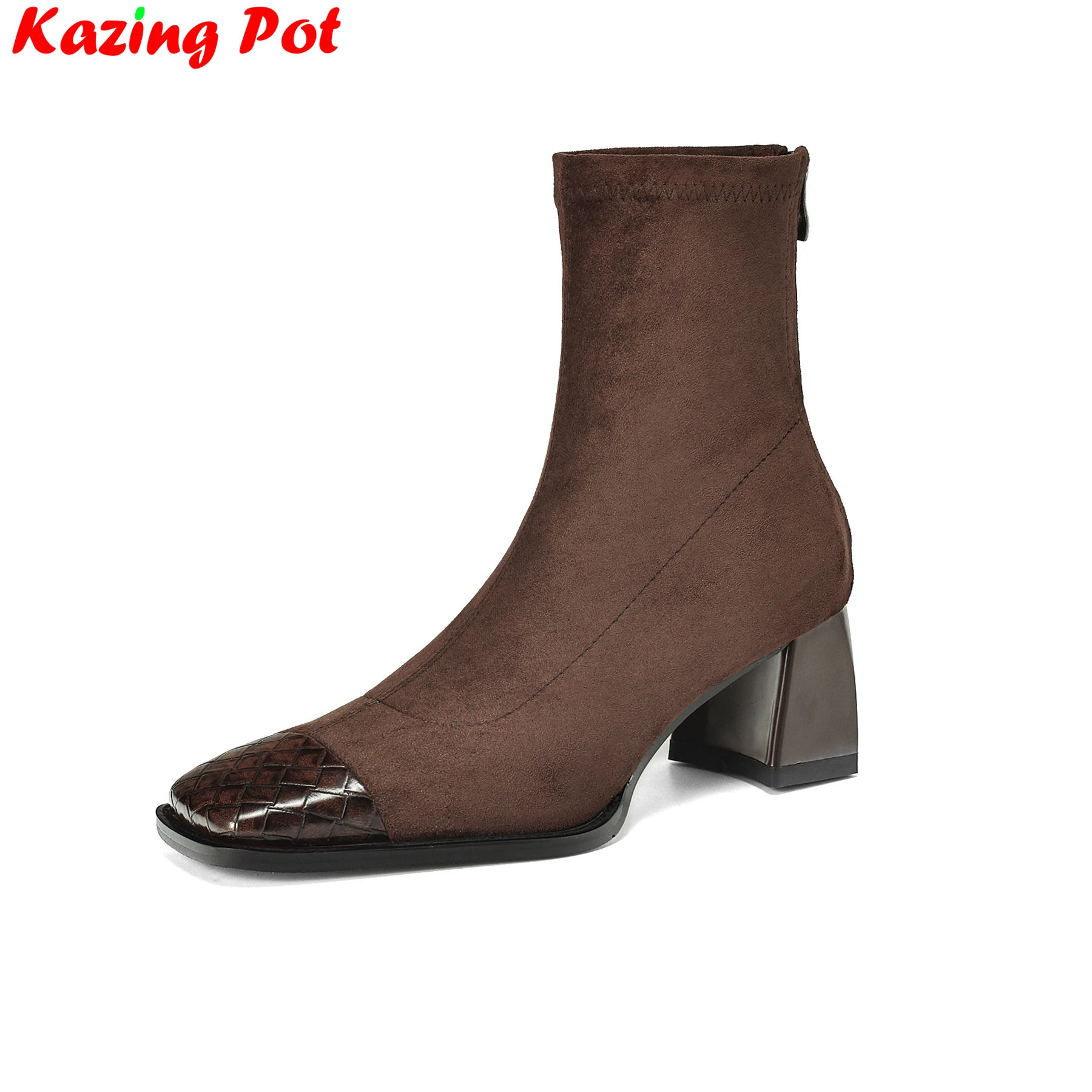 Krazing Pot 2025 Big Size 42 Flock Chunky High Heels Stretch Boots Winter Warm Shoes Retro Office Lady Comfort Women Ankle Boots