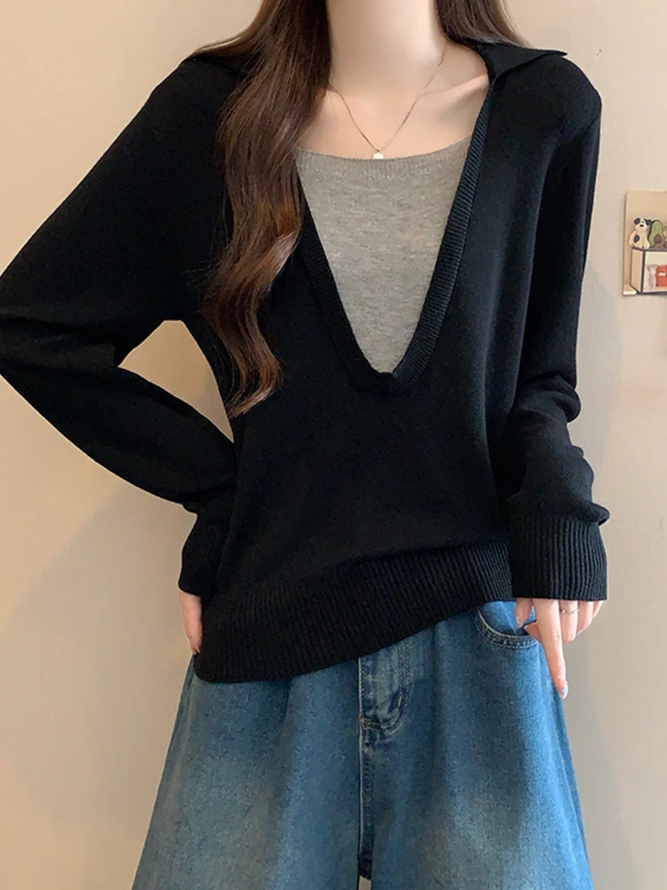 

Oversized Design Pullovers Fake Two Piece Patchwork Long Sleeve Knit Tops Fashion Elegant All Match Sweaters 2025 Women Clothing
