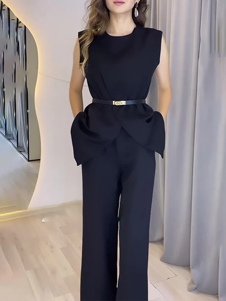 Fashion Solid Casual Hosen Zwei Stück Set Frühling Frauen Ärmelloses Rundhals Top + Hohe Taille Gerade Breite Bein Hosen sommer Outfit