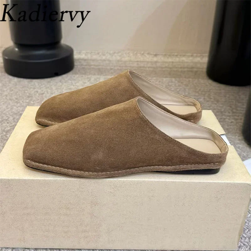 

Spring Summer Flat Slippers Women Suede Leather Mules Shoes Woman Square Toe Slides Street Style Half Slippers Woman