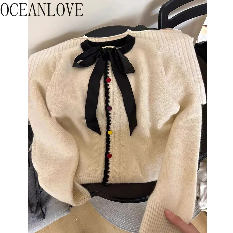 OCEANLOVE Lace Up Bow Women Sweaters Autumn Winter Korean Fashion Sweet Cardigans Colorful Buttons Retro Sueter Mujer