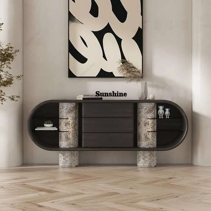 Italian Natural Marble Sideboard, Luxury Stone Storage Cabinet with Open Shelves, Scratch & Stain Resistant, Eco-Friendly