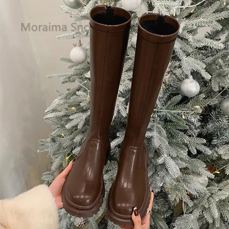 

Round Toe Square Heel Women's Knight Boots Short Plush Knee-High Boots for Women Fashionable Casual Leather Boots Lady Shoes