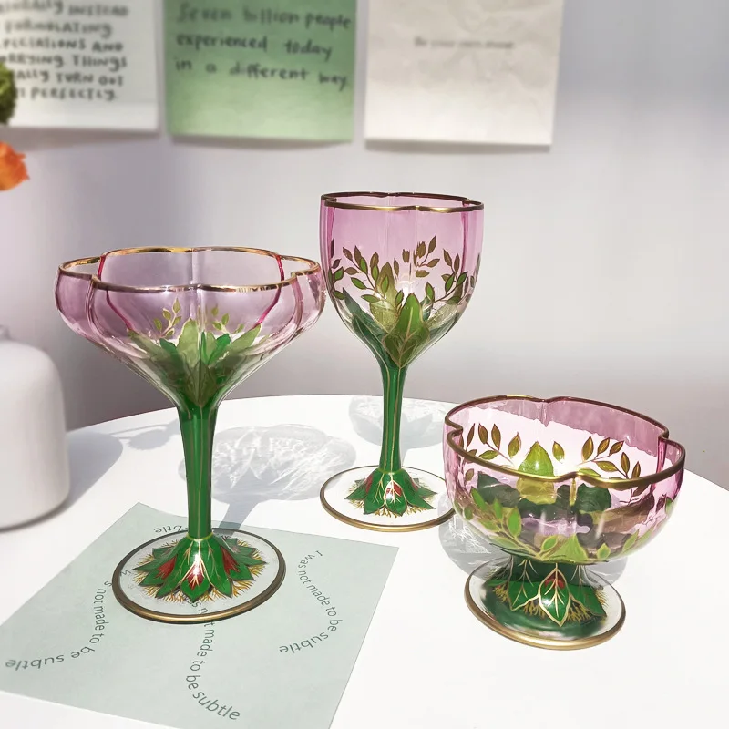 

Austria Vintage Champagne Wine Glasses Cup Crystal Glass Red Wine Cup Pink Hand Painted Ice Cream Bowl Flower Goblet Glasses