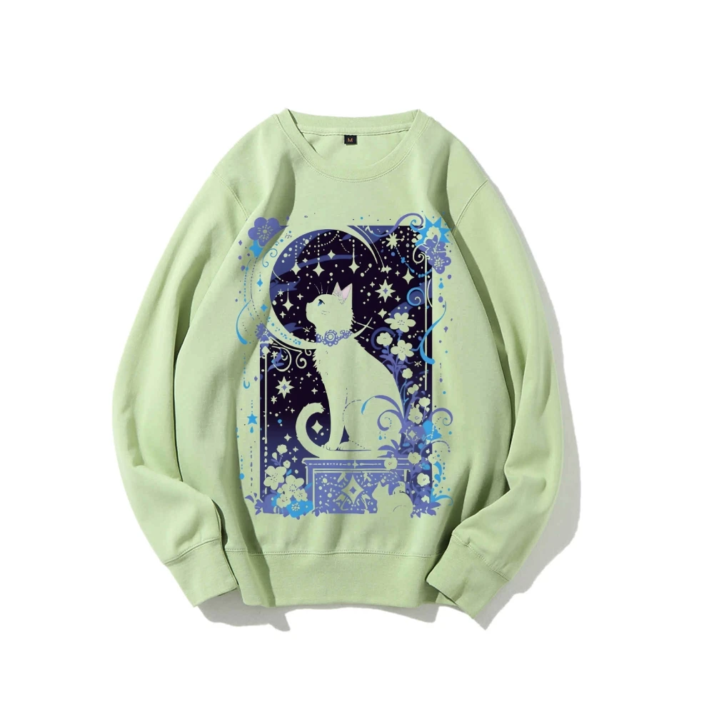 

Y2k Graphic Sweatshirt Celestial Cat with Moon Stars Print Magical Serene Soft Fabric for Fantasy - Themed Casual Looks