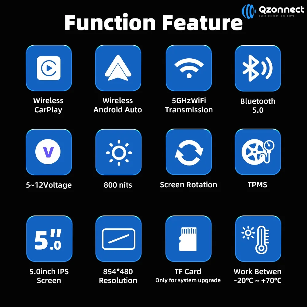 Qzonnect 5 Inch Rotatable Vertical Horizontal Motorcycle Screen Wireless CarPlay Android Auto Link to Phone No Independent GPS