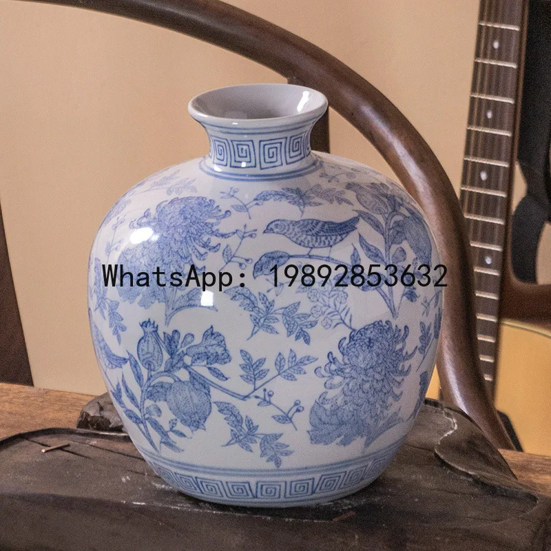 CZ Elegant Blue and White Porcelain Pomegranate Vase Living Room High-end Flower Arrangement Decoration Artistic Flower Vase