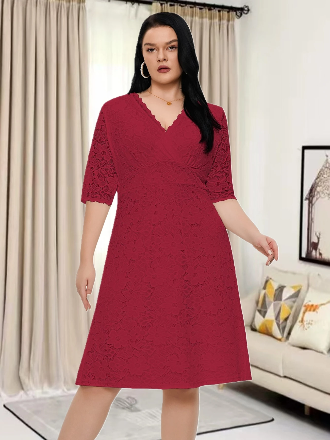 Plus Size New Arrival Half Sleeve V dekolt czerwony kolor formalna wieczorowa koronkowa eleganckie sukienki dla kobiet Midi