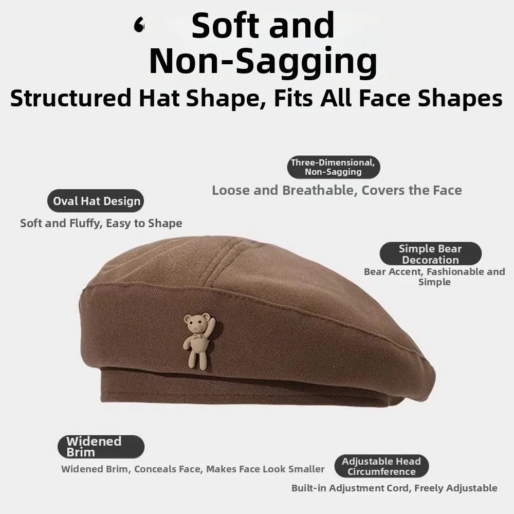 Soft Vintage Beret Hat Classic Color Heart Decor Cartoon Bear Cap Adjustable Size Thermal Texture Retro Painter Bonnet
