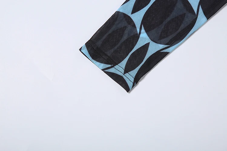 Nibber Midnight Sexy durchsichtiges 2-teiliges Set für Damen, Patchwork-Druck, O-Ausschnitt, volle Ärmel, Body + schmale, hüftumwickelte, lange Hosen-Outfits – Detail 7