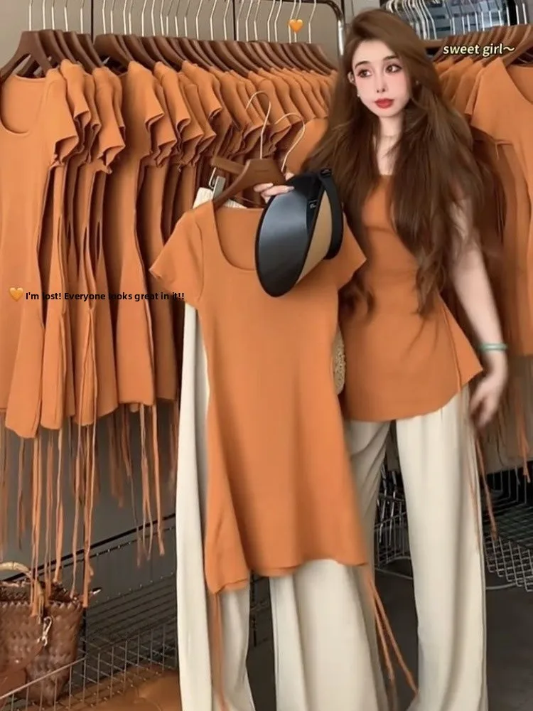 

Salt Series Women's Summer Design Sensation Age Reduction Small Waist Short Sleeve Top Wide Leg Pants Two-Piece Set