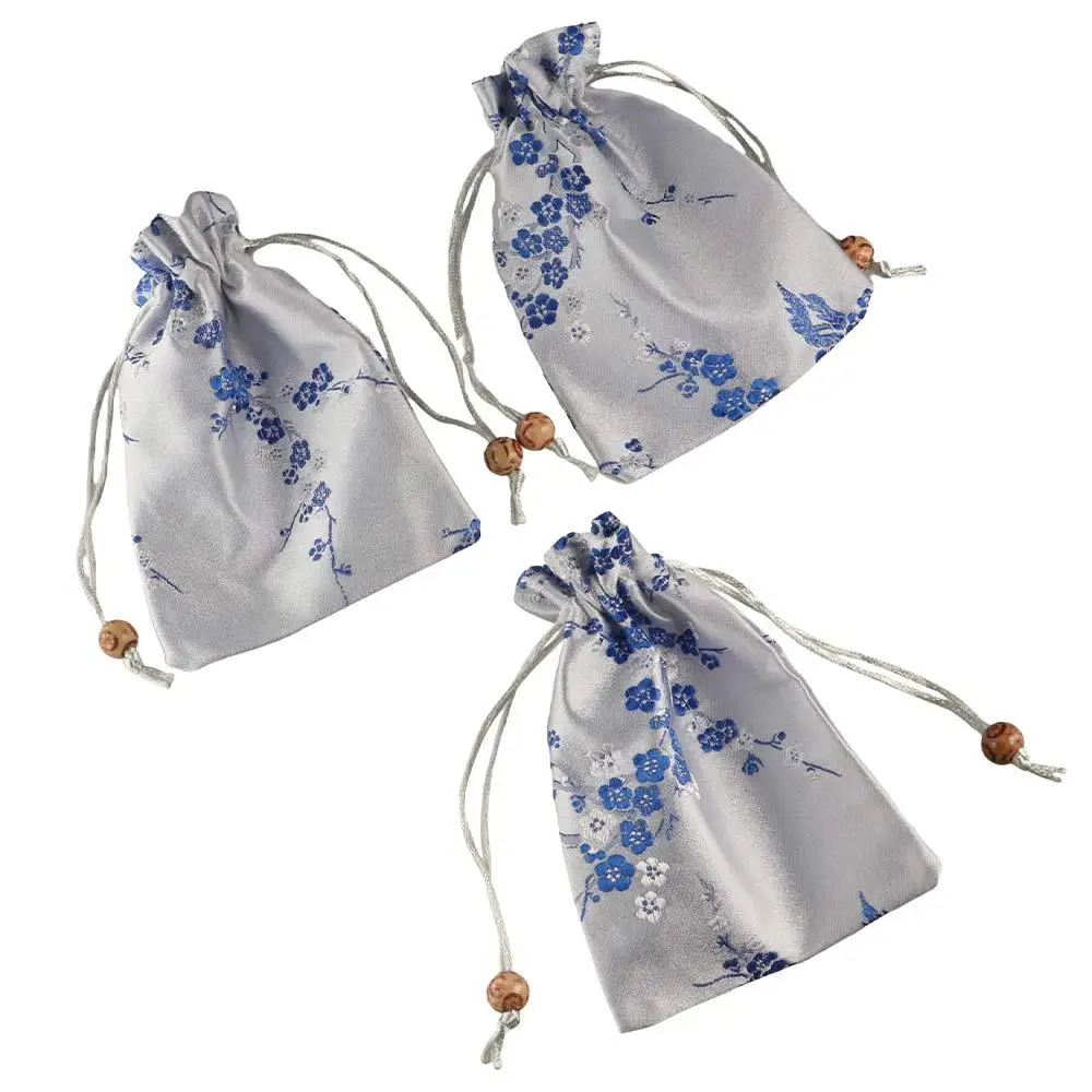 Smooth Satin Storage Bag Embroidered Flower Drawstring Gift Bag Candy Bag Tie Women Sachet Birthday