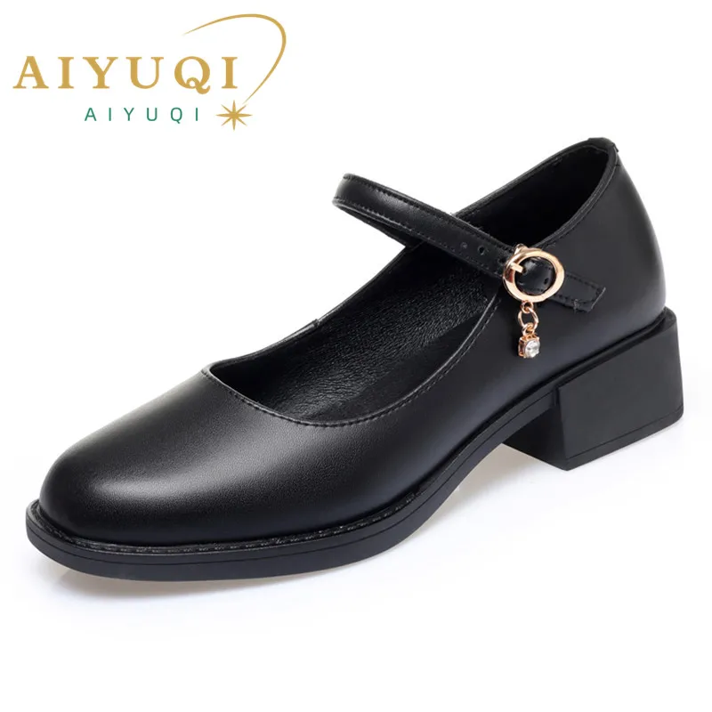 AIYUQI Women\'s Shoes Genuine Leather 2024 New Mid-heel Mary Jane Shoes Women Shiny Fashion Large Size Ladies Office Shoes