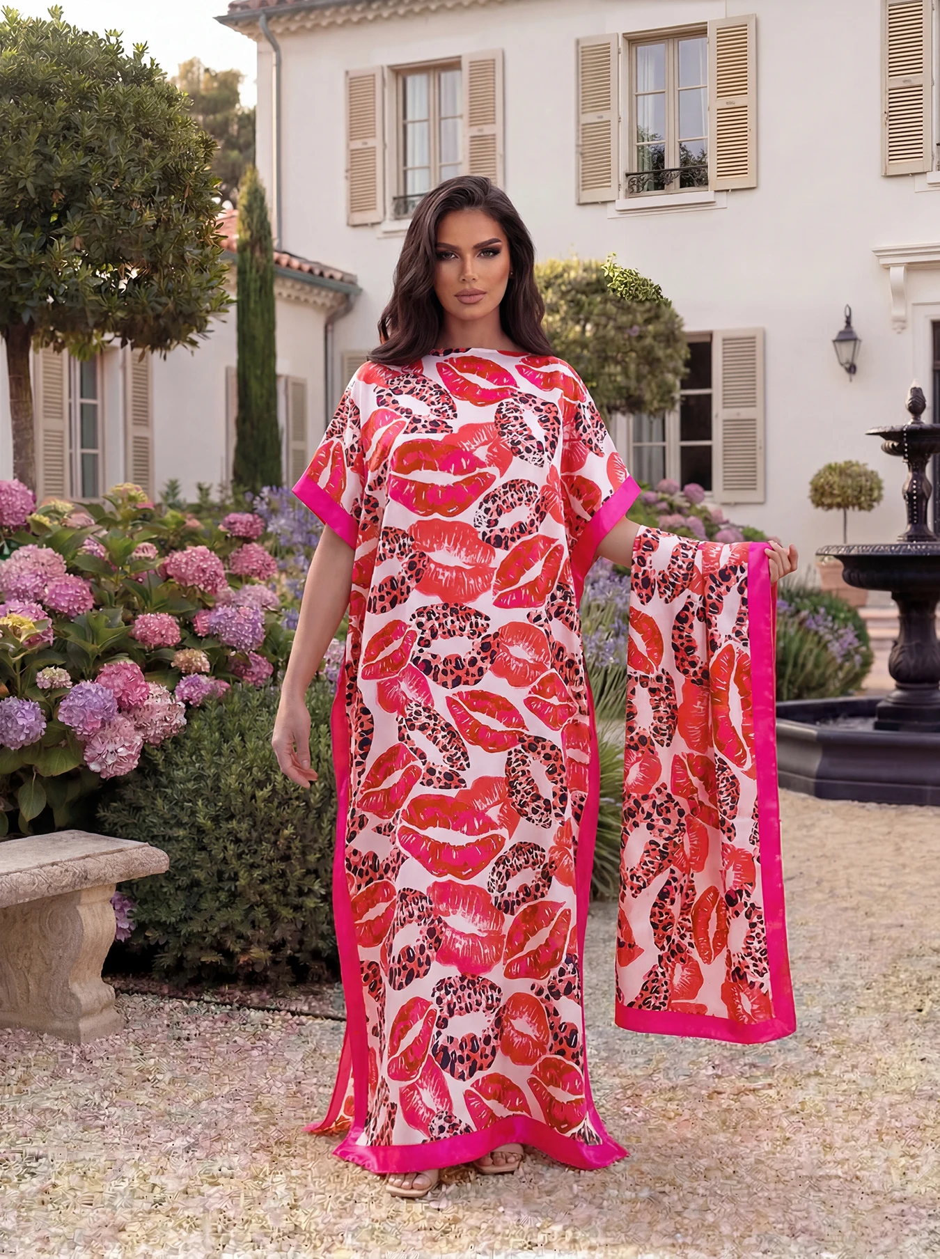 Lip Leopard Printed Dubai Casual Abaya With Scarf, Loose Batwing Maxi Kaftan Robe For African Muslim Women Daily Wear image 5