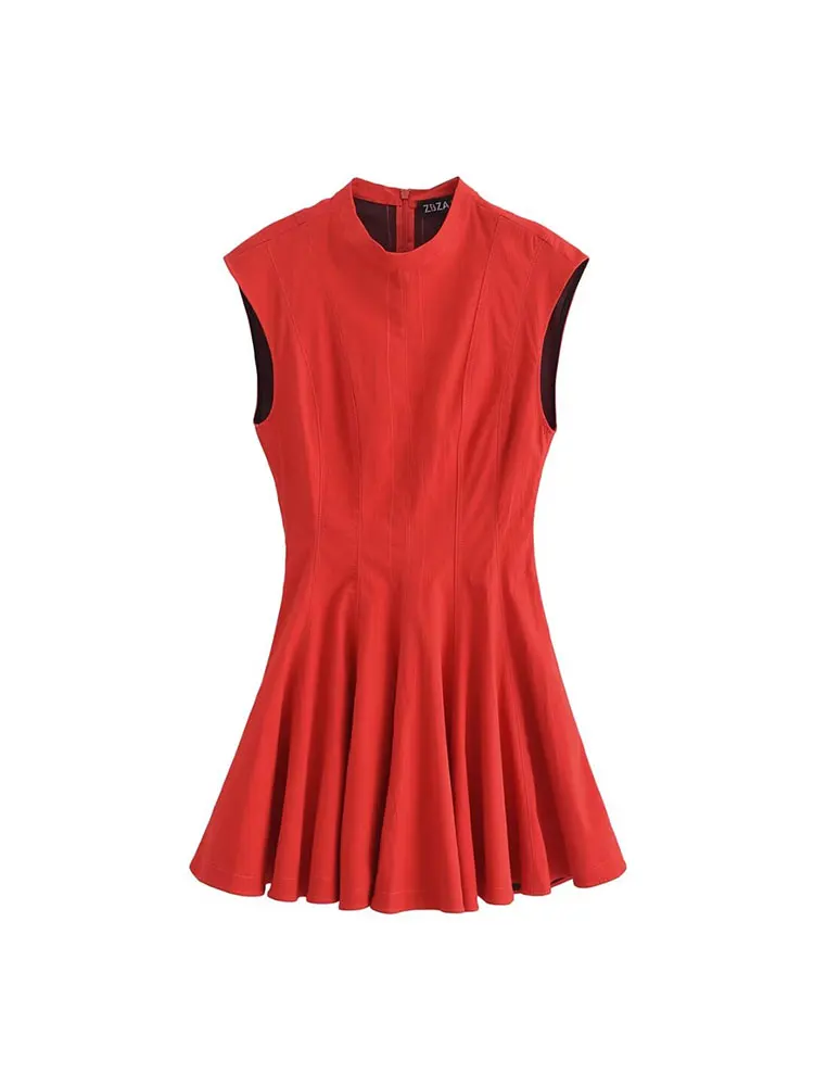 TRAF 2024 Autumn Pleated Mini Dress Woman Sleeveless Slim Fit Daily Dresses Women Dress Casual Dresses