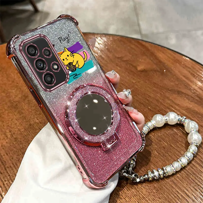 Pearl Strap Lanyard Glitter Lucky Cat Phone Holder Case On For Samsung Galaxy A32 A33 A52 A53 A73 A51 A23 4G 5G Stand Back Cover