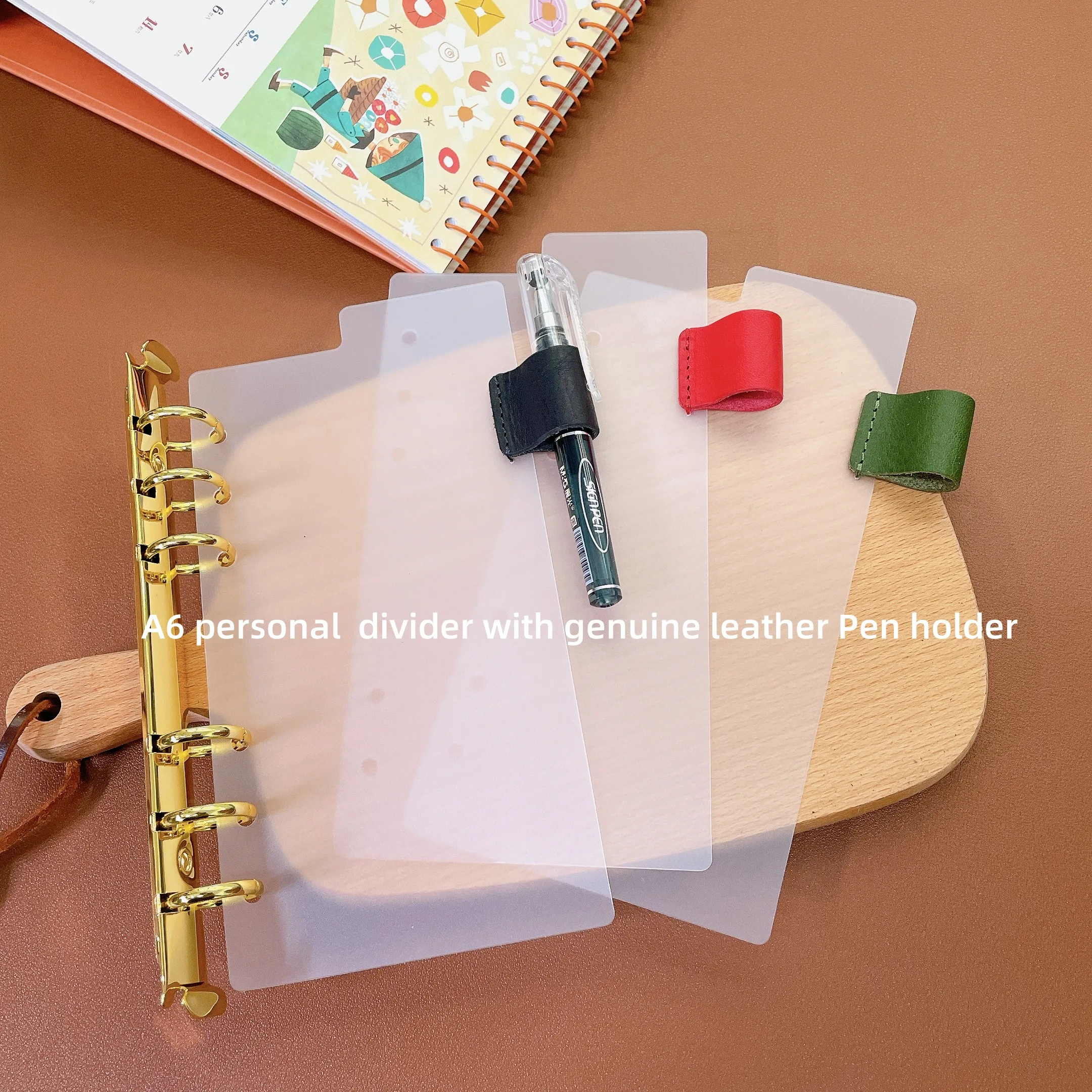 A6 personal divider with genuine leather pen holder/A6 planner pp board with pen clip